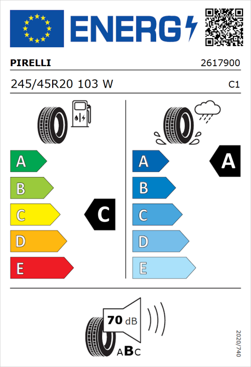 Tyre Label for Pirelli P Zero 245/45R20 103W