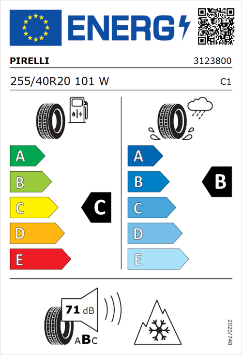 Tyre Label for Pirelli Winter Sottozero 3 255/40R20 101W