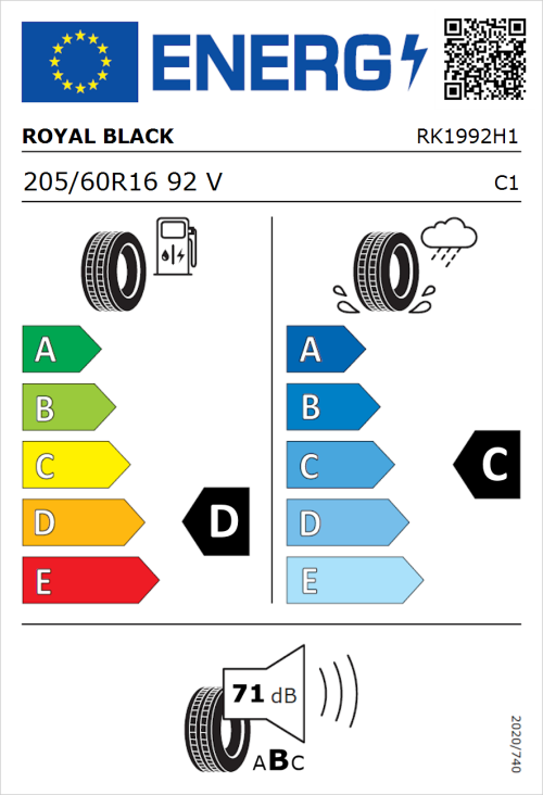 Tyre Label for Royal Black Royal Mile 205/60R16 92V