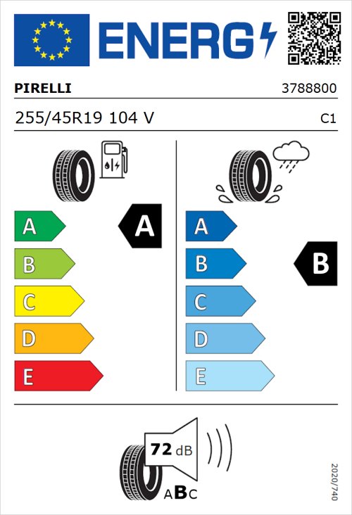 Tyre Label for Pirelli P Zero 255/45R19 104V