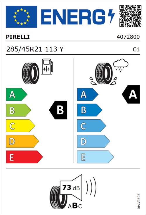 Tyre Label for Pirelli P Zero 285/45R21 113Y