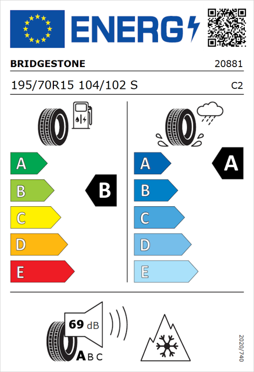 Tyre Label for Bridgestone Duravis Van 195/70R15 104/102S