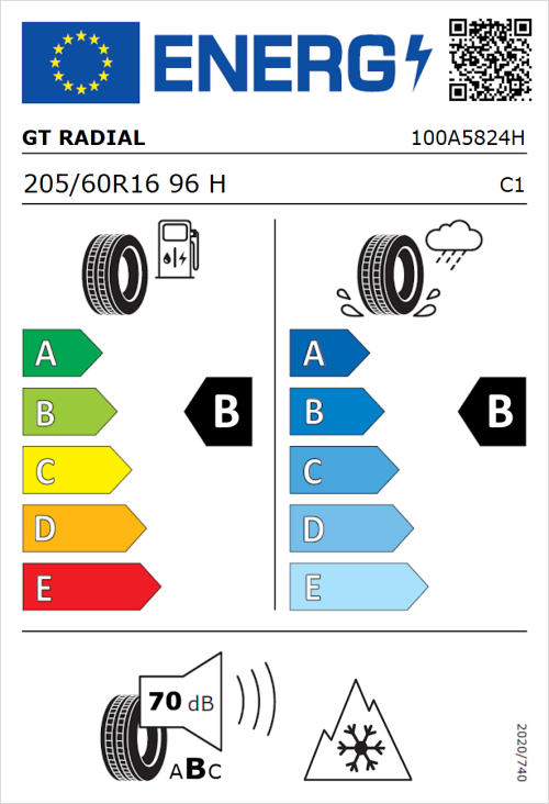 Tyre Label for GT Radial Climate Active 205/60R16 96H