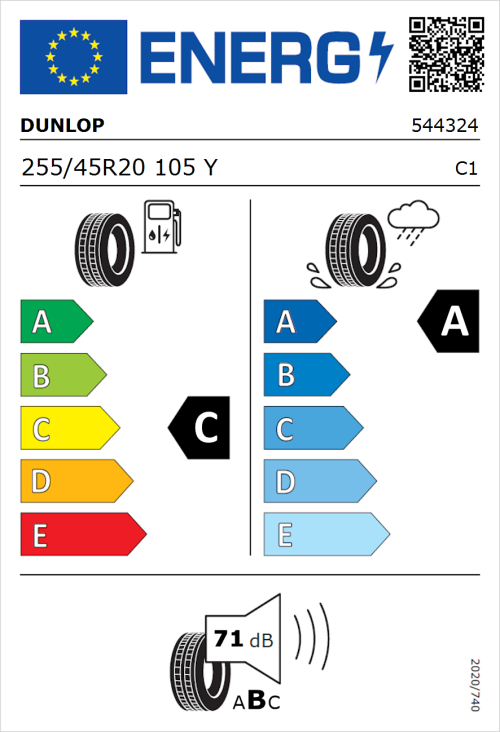 Tyre Label for Dunlop SP Sport Maxx RT 2 255/45R20 105Y