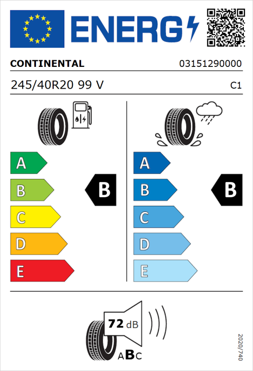 Tyre Label for Continental PremiumContact 6 245/40R20 99V