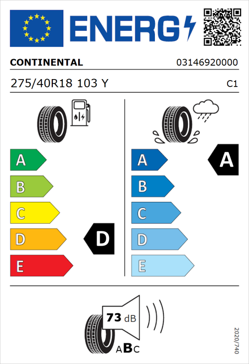 Tyre Label for Continental SportContact 6 275/40R18 103Y