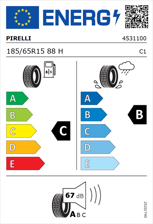 Tyre Label for Pirelli Cinturato P1 185/65R15 88H