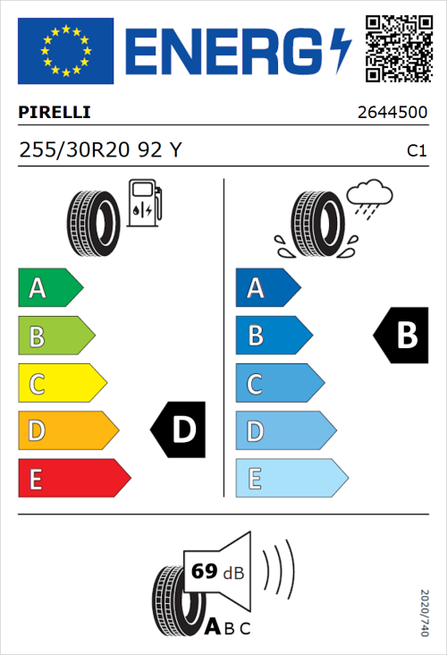 Tyre Label for Pirelli P Zero 255/30R20 92Y